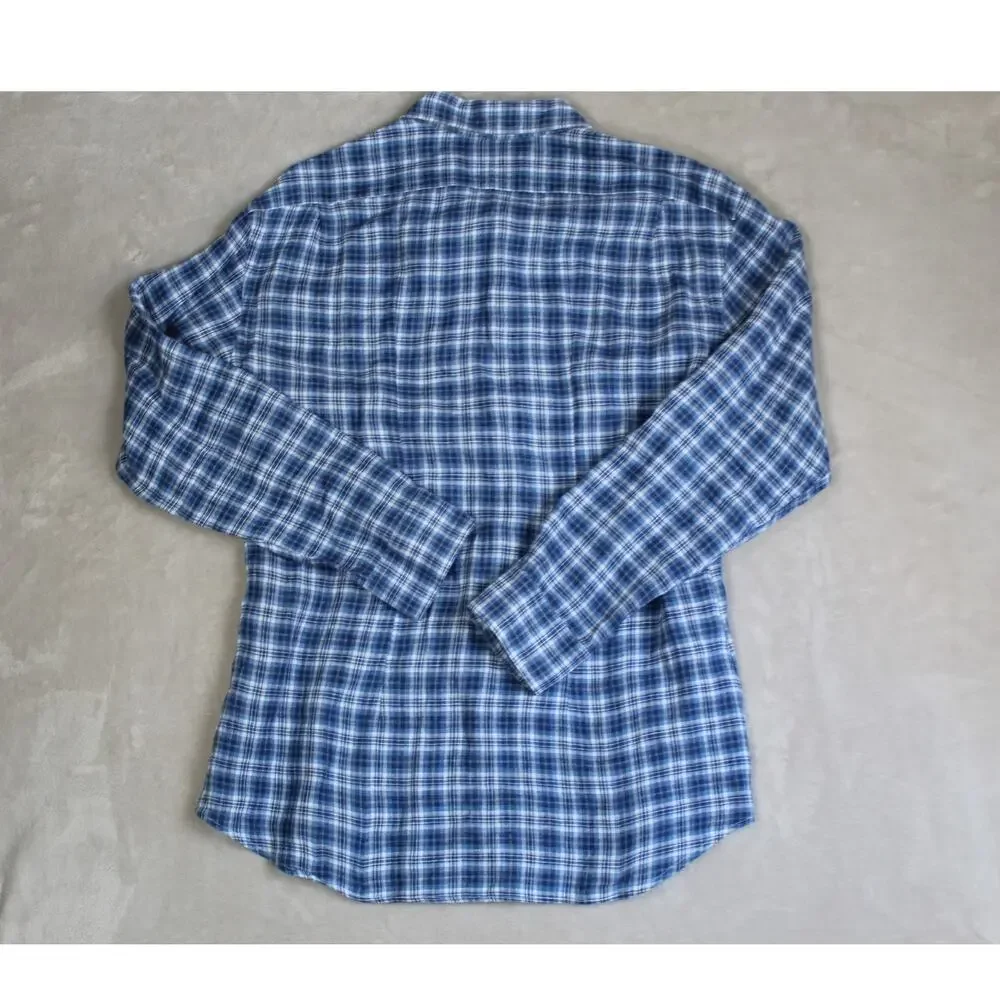 Polo Ralph Lauren Linen Shirt Mens XL Slim Fit Blue Plaid Button Front Preppy